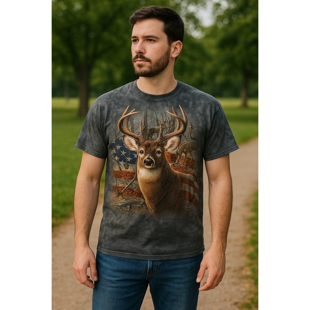 The‎ Mountain Patriotic Buck Graphic T-Shirt Mens L Gray Deer USA Flag Outdoors